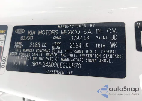 2020 Kia Forte Lxs из США, поврежденный, VIN 3KPF24AD9LE233870